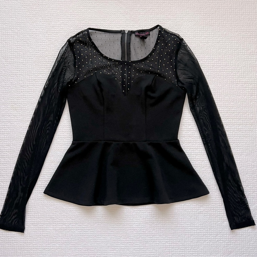 Material Girl Top Black Peplum Blouse Sz S Mesh SL Ruffle Bottom - Holiday